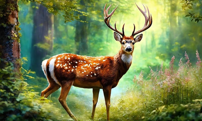 Deer in the peaceful forest, szep erdo, szabadban, tajkep, portre, nezes, bekes, fak, novenyzet, levelek, szarvas, termeszet, viragok, zold, HD wallpaper