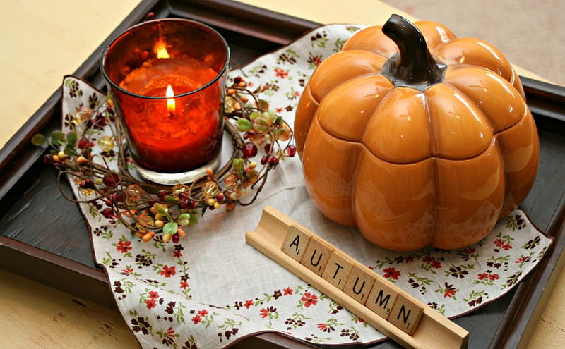 Autumn , candle, autumn, graphy, decoration, pumpkin, tray, decor, HD wallpaper