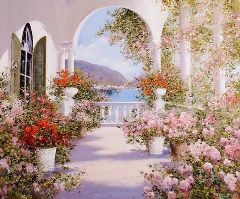 Dream verandah, balcony, verandah, bonito, abstract, Lucia Sarto, pots, fantasy, paintings, arches, flowers, pastel, pink, HD wallpaper