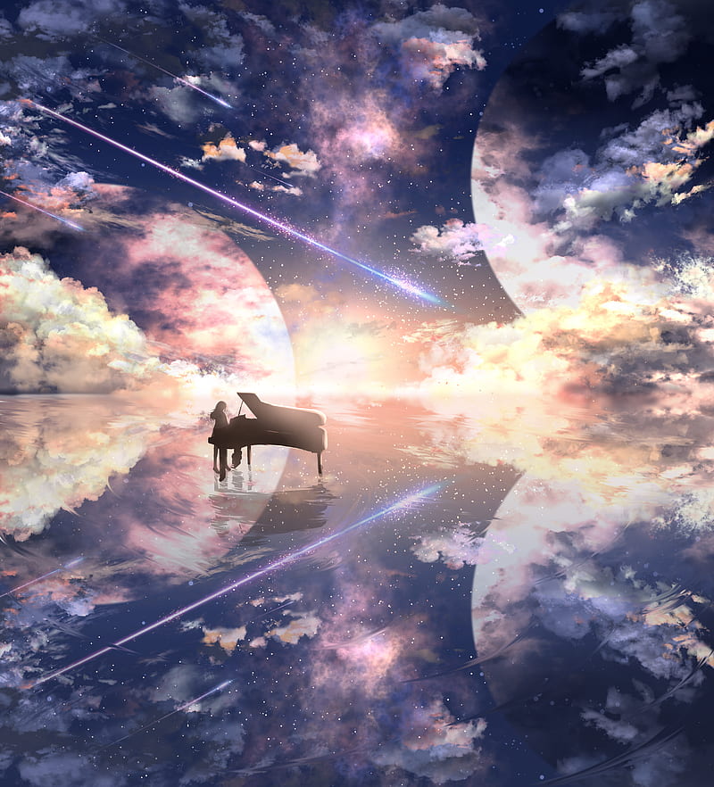 piano, silhouette, space, illusion, anime, HD phone wallpaper