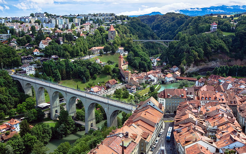 Fribourg, cityscape, Spring, stone bridge, river, buildings, Switzerland, HD wallpaper