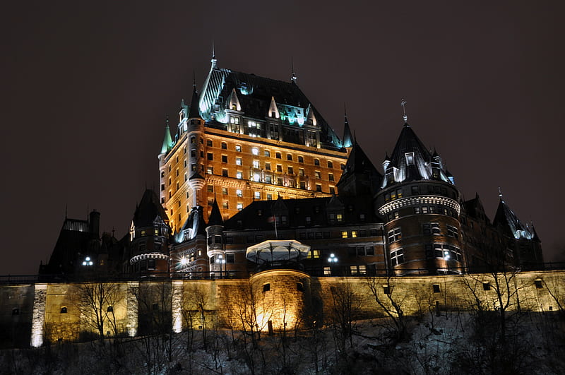 Chateau Frontenac is aglow, pretty, chateau, glow, bonito, old, frontenac, stone, tower, fortress, classic, castle, light, night, HD wallpaper