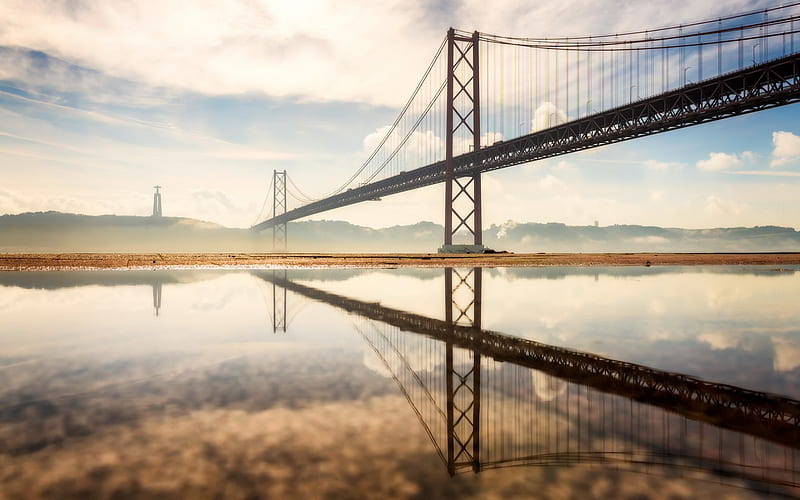 25 de Abril Bridge, Lisbon, 25th of April Bridge, Tagus River, morning, sunrise, suspension bridge, Portugal, HD wallpaper