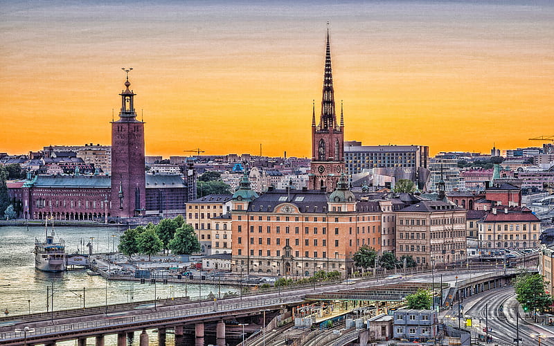 Stockholm, capital of Sweden, Gamla stan, The Town between the Bridges, evening, sunset, swedish city, Stockholm cityscape, Sweden, HD wallpaper