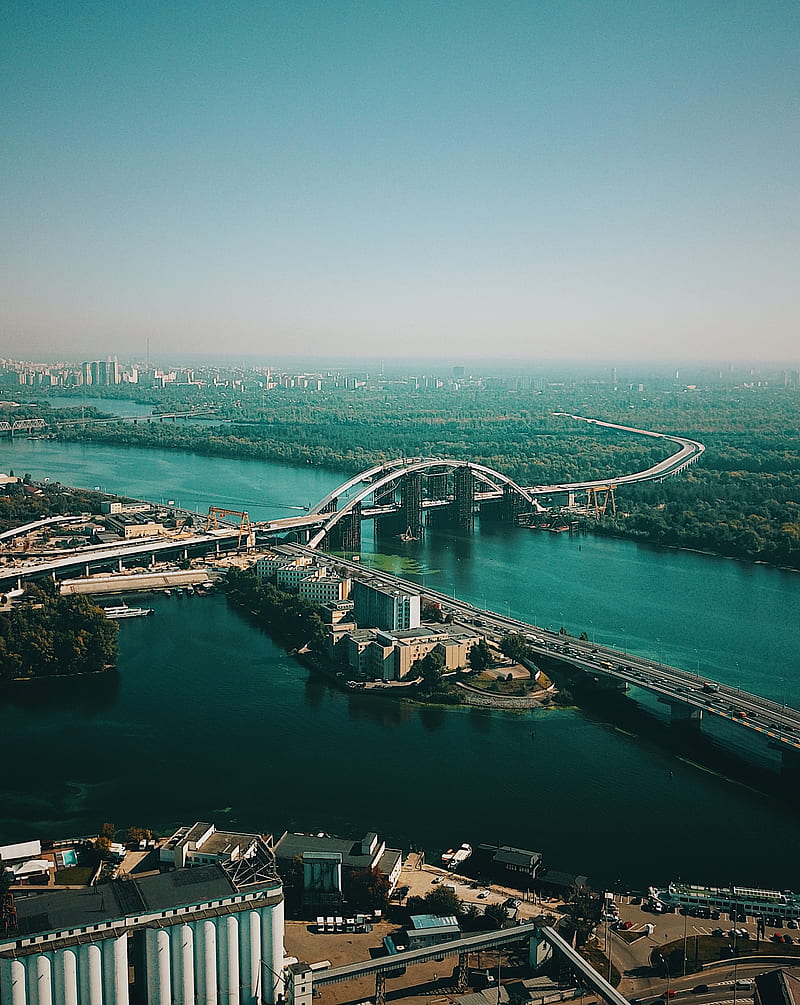 aerial view of bridges between trees and buildings, HD phone wallpaper
