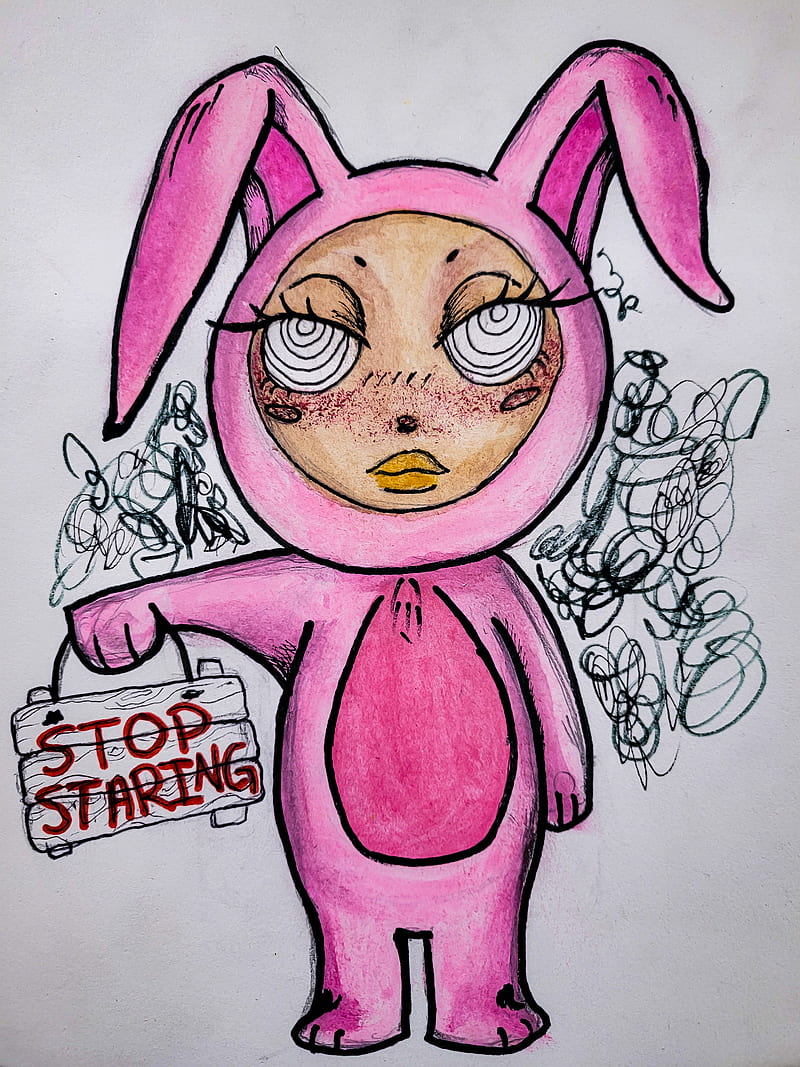 Stop staring, head, nose, art, pink, drawing, sign, bunny, HD phone wallpaper
