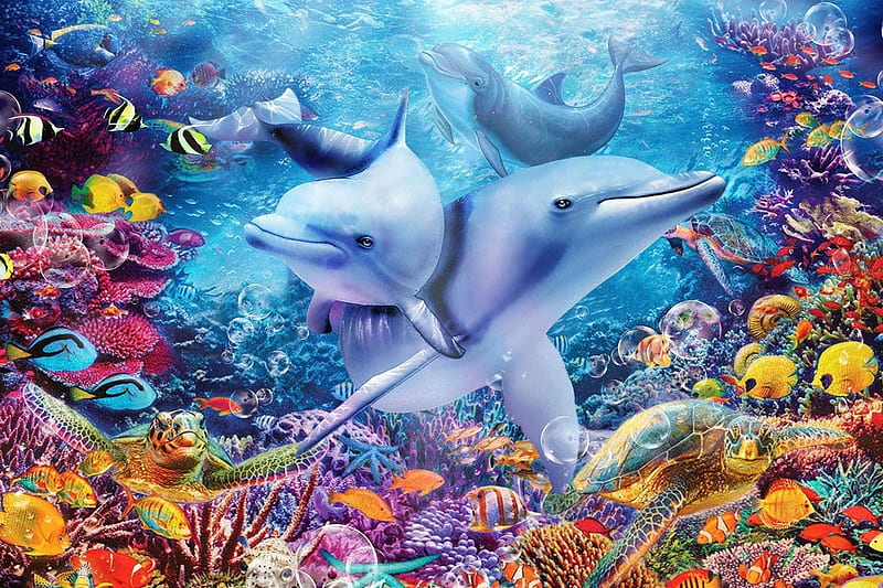 Dolphins, sea, art, pesti, underwater, fish, dolphin, vara, eater, summer, HD wallpaper