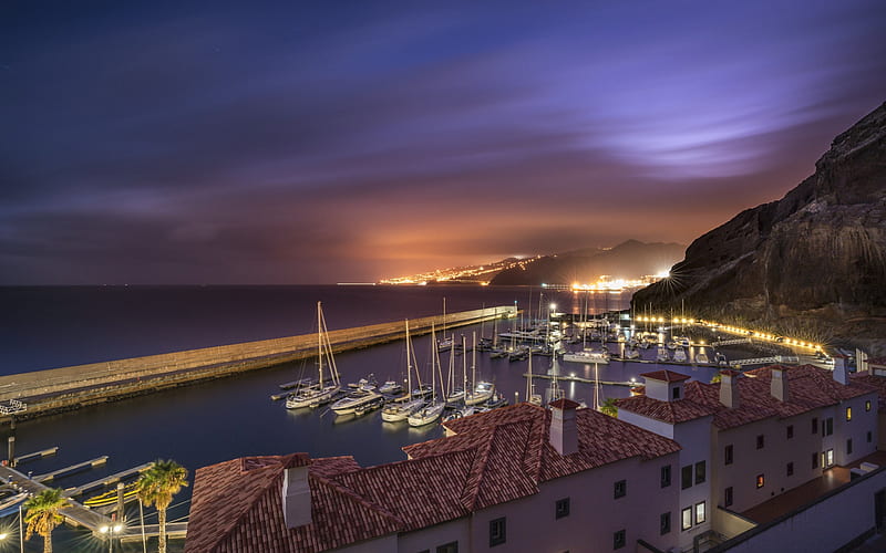 Machico, Madeira, night, bay, yachts, North Atlantic Ocean, coast, Portugal, HD wallpaper