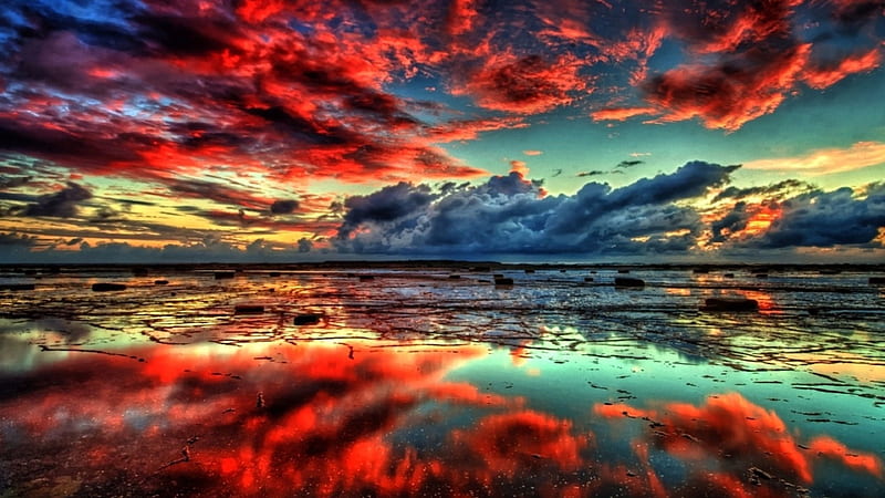 Meer, coast, red, sea, sky, HD wallpaper