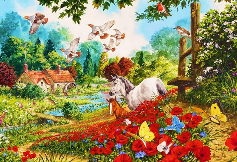 Blooming Meadows, Butterflies, house, birds, trees, horses, watermill, painting, blossoms, flowers, HD wallpaper