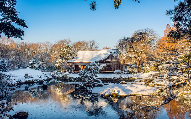 winter, snow, Japanese architecture, Shofuso Japanese House and Garden, Fairmount Park, Pennsylvania, Philadelphia, USA, HD wallpaper