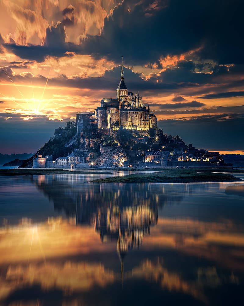mont saint-michel island, sunset, clouds, castle, Landscape, HD phone wallpaper
