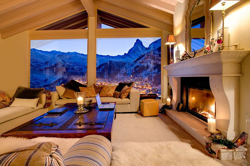 cozy livingroom overlooking ski resort, resort, fireplace, view, mountains, livingroom, winter, HD wallpaper