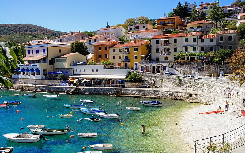 Istria, Croatia, marina, Croatia, boats, houses, beach, HD wallpaper