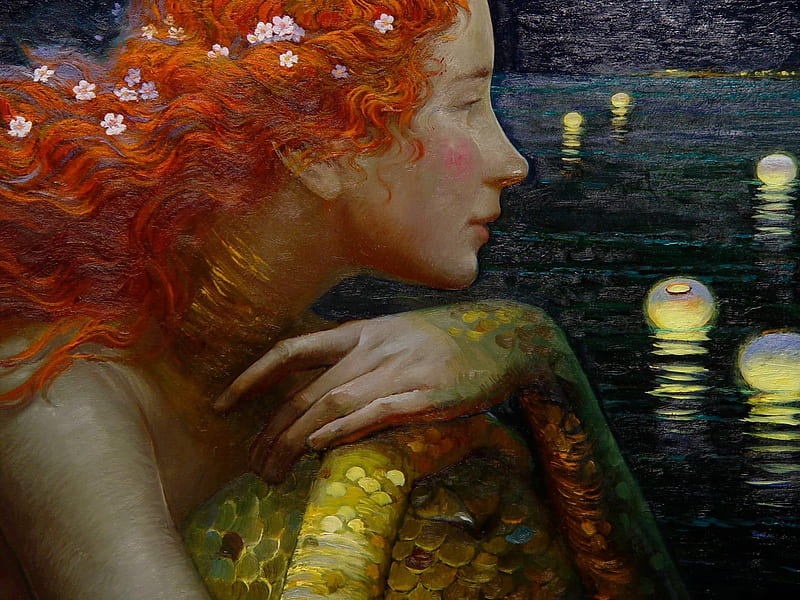 Mermaid, art, redhead, lantern, luminos, lake, fantasy, water, girl