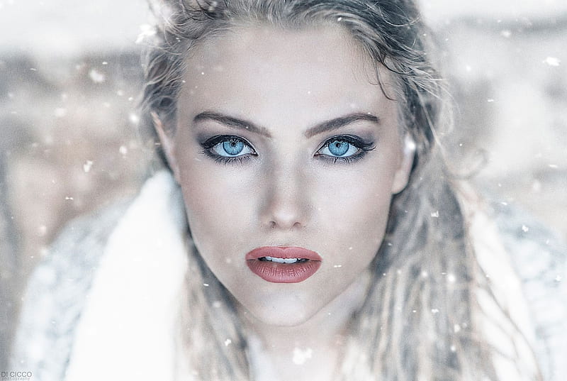 Beauty, alessandro di cicco, model, woman, winter, girl, snow, face, blue eyes, HD wallpaper