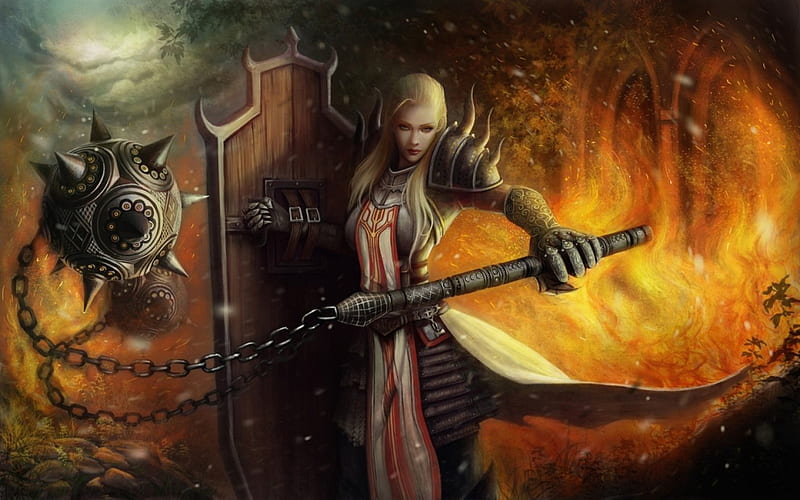 Reaper of souls, chain, art, orange, shield, game, yellow, woman, fantasy, girl, diablo 3, weapon, HD wallpaper