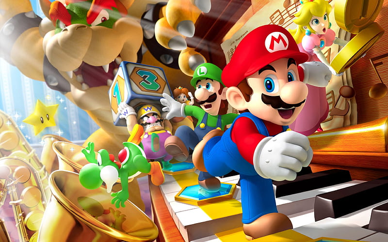 Super Mario, black, blue, game, gold, red, white, world, HD wallpaper