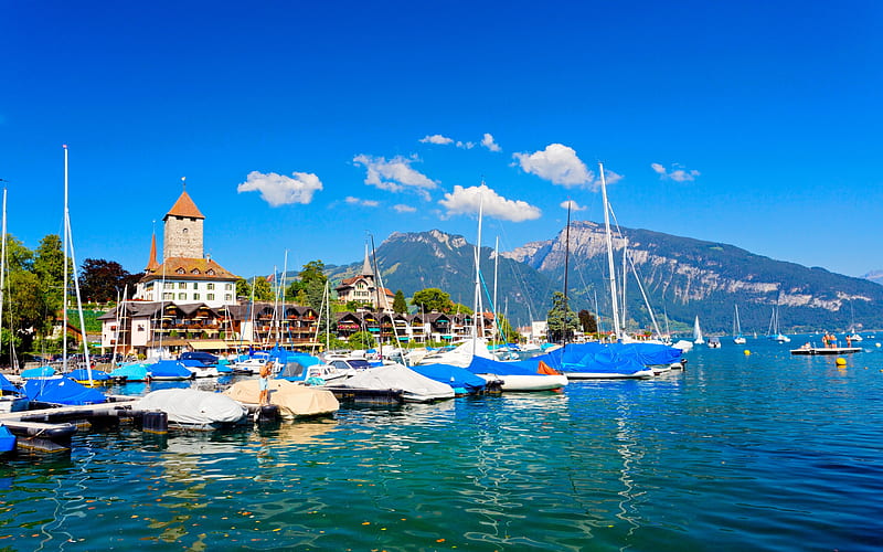 Thun, Thunersee, Lake Thun, swiss city, mountain landscape, spring, boats, Switzerland, HD wallpaper