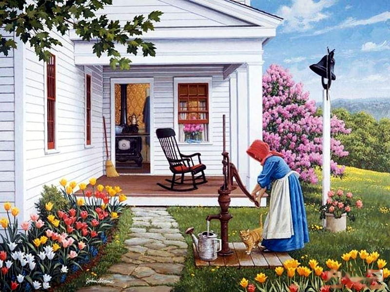 Garden in Spring, house, well, painting, flowers, tulips, woman, artwork, pump, HD wallpaper