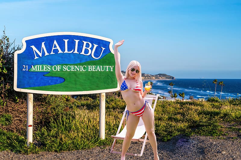 Bianca Bell Welcoming Visitors to Malibu, blonde, chair, cocktail, model, sign, bikini, usa, HD wallpaper