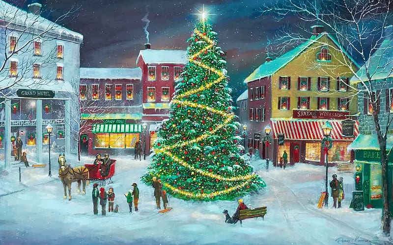 Village Square, artwork, children, painting, snow, christmas, houses, tree, HD wallpaper