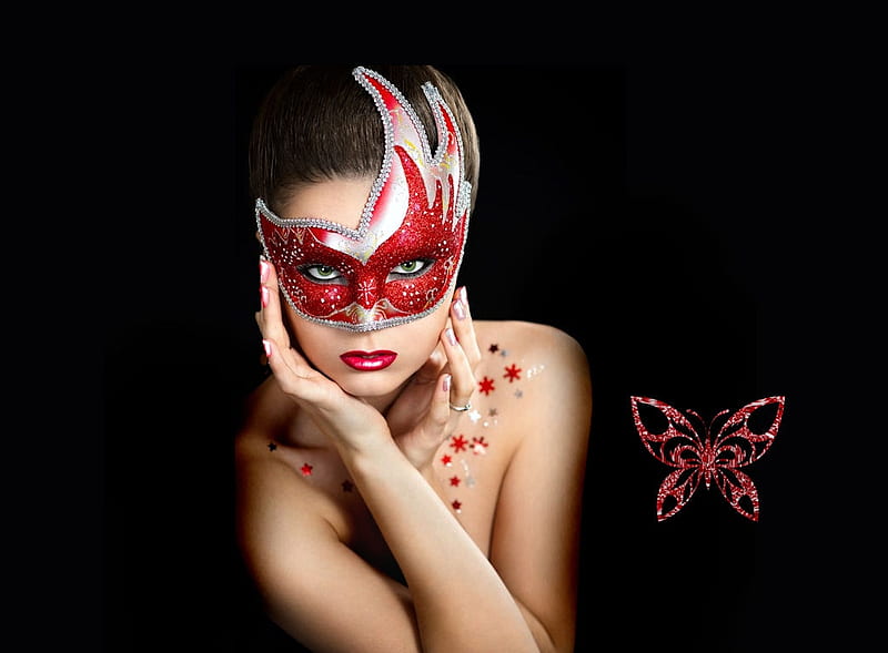 Mysterious Mask 7, red, pretty, stunning, breathtaking, bonito, woman, women, butterfly, feminine, gorgeous, female, lovely, model, aristic, black, creative, girl, red on black, HD wallpaper