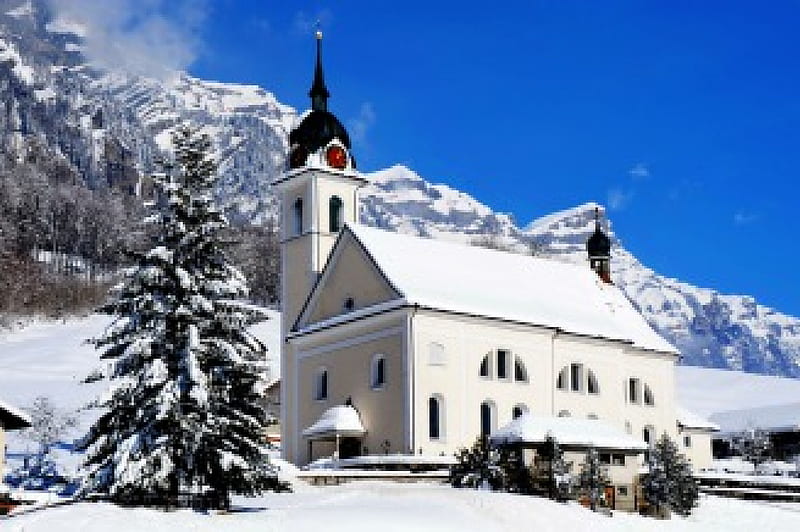 Mountain church, pretty, bonito, countryside, clock tower, mountain, nice, tower, blue, lovely, clock, church, sky, trees, winter, snow, slope, nature, white, HD wallpaper