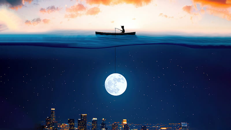 Catching The Moon In Ocean , moon, ocean, artist, artwork, digital-art, HD wallpaper