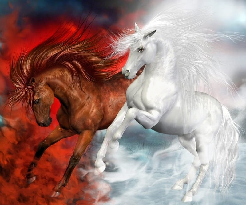 Beautiful Horses, red, pretty, colorful, power, fantasy horses, bonito, clouds, fantasy horse, nice, fantasy, two, love, beauty, smoke, white horse, animals, lovely, in clouds, colors, horse, abstract, horses, fire, white, HD wallpaper