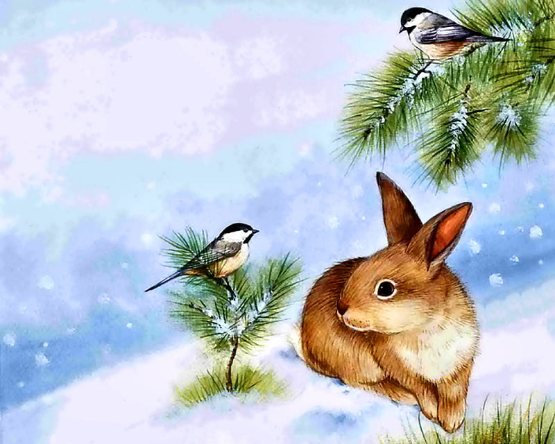 Rabbit and Chickadees F, art, rabbit, bonito, illustration, artwork, winter, chickadees, snow, painting, wide screen, four seasons, scenery, landscape, HD wallpaper