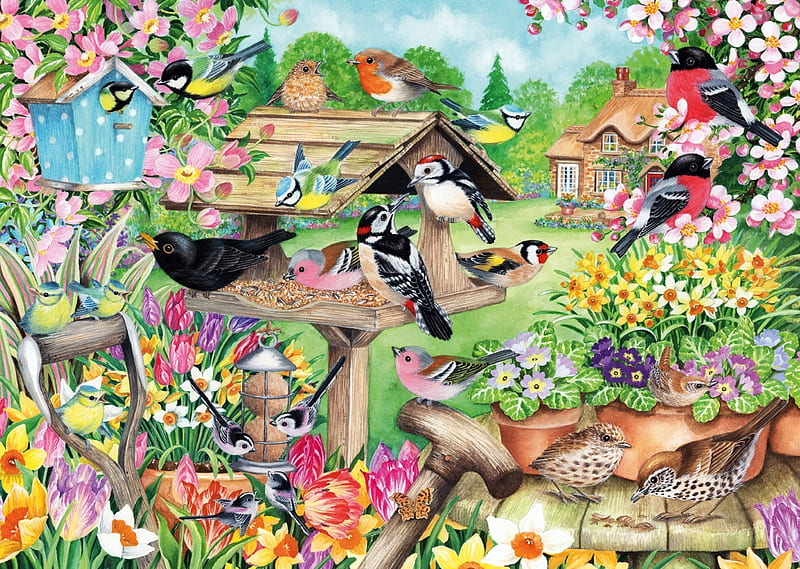 Garden Bird Feeder, flower, garden, puzzle, jigsaw, HD wallpaper