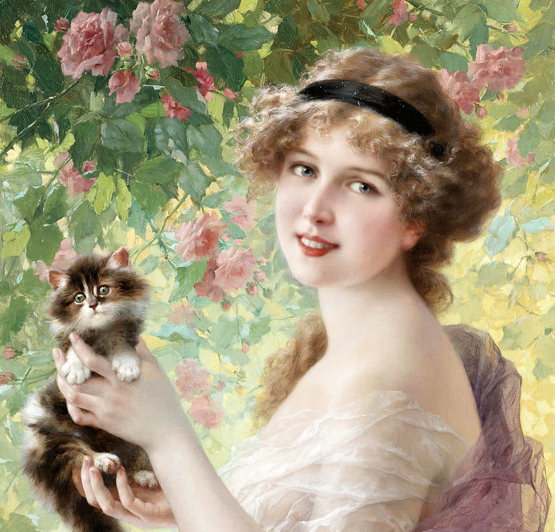 Young lady with a kitten, art, rose, luminos, cat, trandafir, emile vernon, young, girl, summer, flower, painting, kitten, lady, pisici, pink, pictura, vara, HD wallpaper