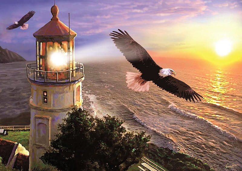 High Flight at the Sunrise, sea, lighthouse, eagles, sun, painting, sky, artwork, HD wallpaper