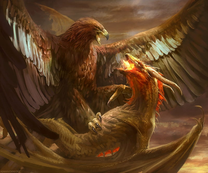 Eagle and dragon, art, orange, luminos, pasare, eagle, wing, dragon, fire, fantasy, bird, feather, manzanedo, HD wallpaper