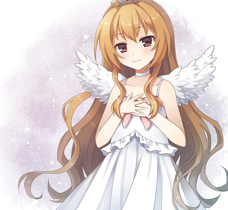 Touch by an Angel, pretty, divine, bonito, wing, sublime, elegant, sweet, nice, anime, feather, hot, beauty, anime girl, tiara, long hair, gorgeous, female, wings, lovely, brown hair, angel, smile, sexy, brown eyes, happy, cute, girl, crown, white, princess, maiden, HD wallpaper