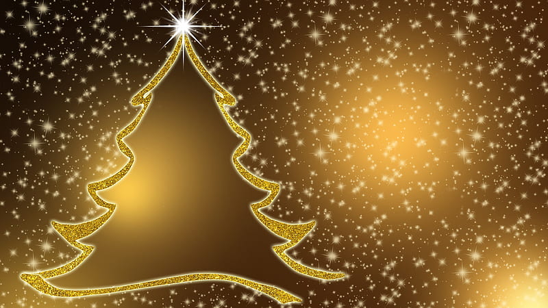 Golden Christmas Tree With Star In Golden Sparkling Background Christmas Tree, HD wallpaper