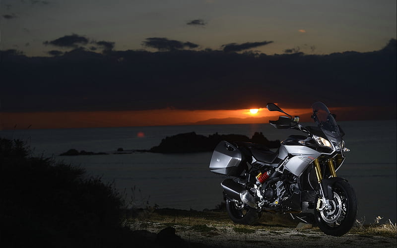 aprilia rsv4, sunset, aprilia, ocean, motorcycle, HD wallpaper