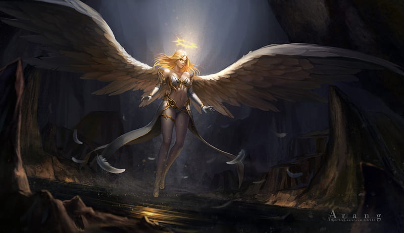 Angel, wings, arang, fantasy, taekwon kim, girl, luminos, HD wallpaper