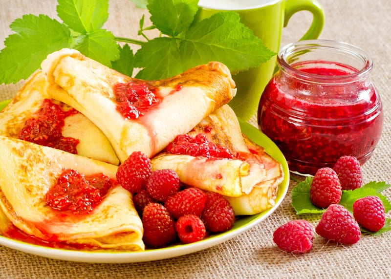 Pancakes & Berries, jam, berries, fresh, raspberry, pancake, dessert, HD wallpaper