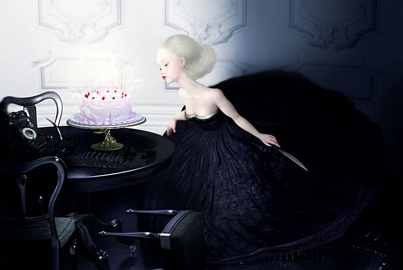 Birtay, cake, luminos, ray caesar, black, surrealsim, fantasy, girl, white, HD wallpaper