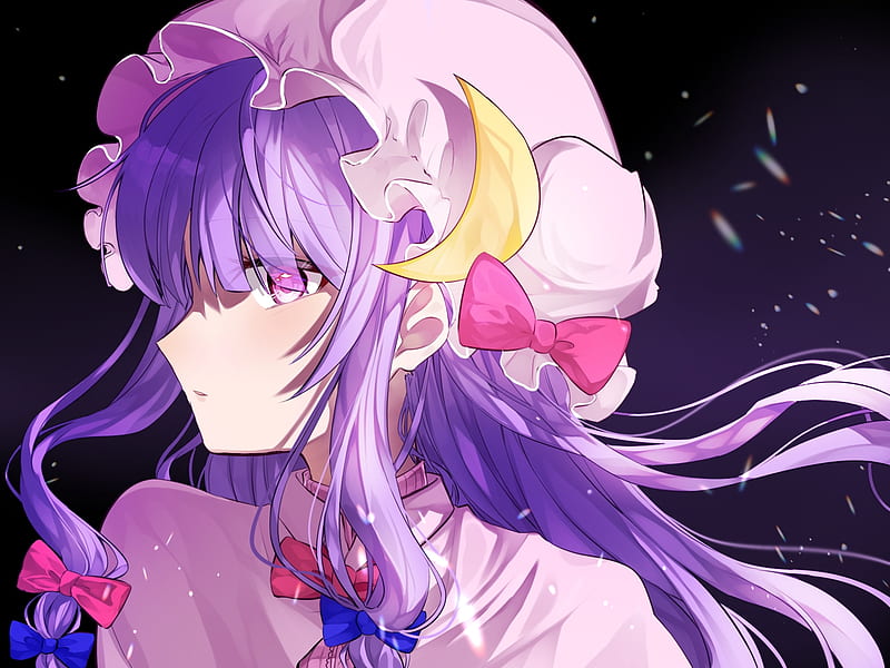 patchouli knowledge, touhou, purple hair, profile view, hat, Anime, HD wallpaper
