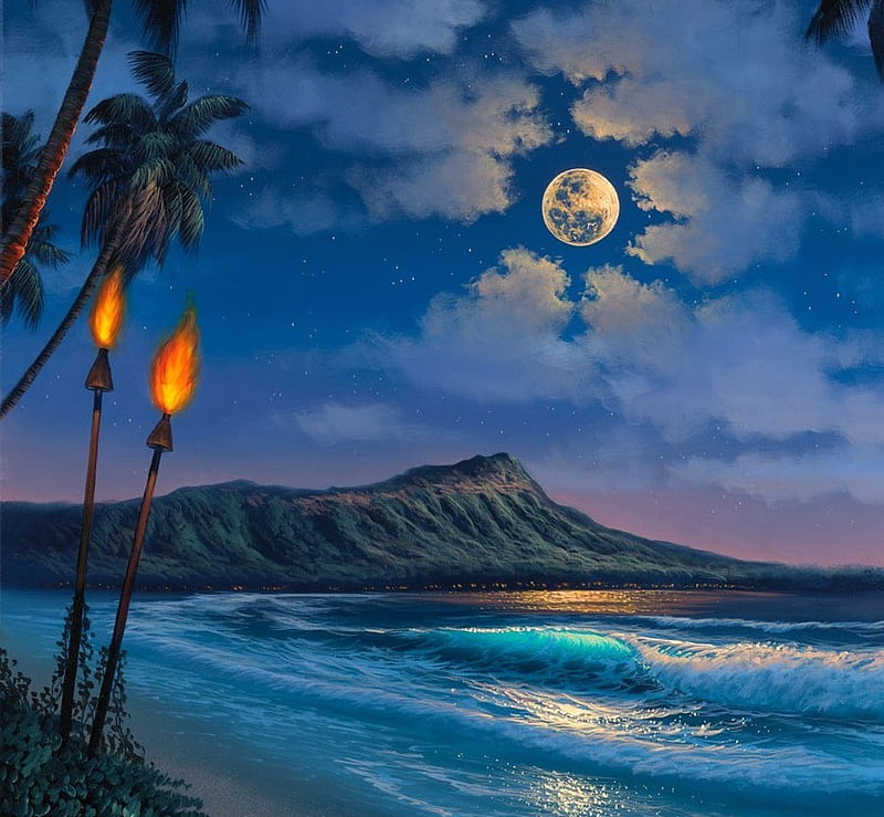 NIGHT ROMANCE, beach, moon, hawaii, ocean, night, light, HD wallpaper