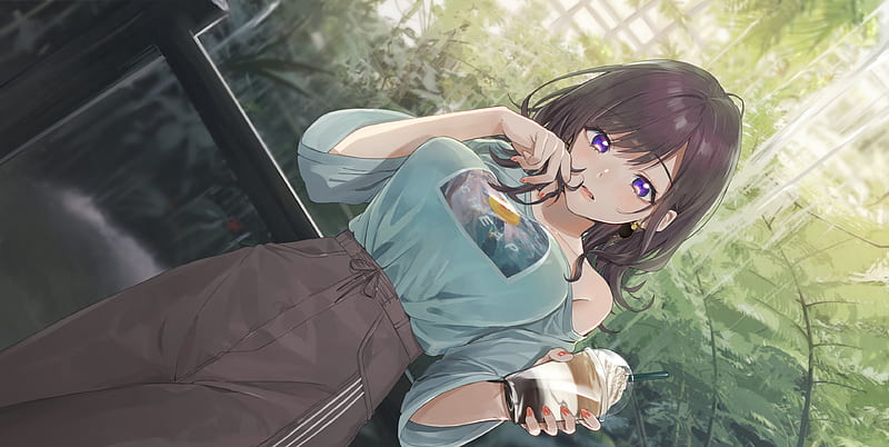 beautiful anime girl, coffee, summer, short brown hair, Anime, HD wallpaper