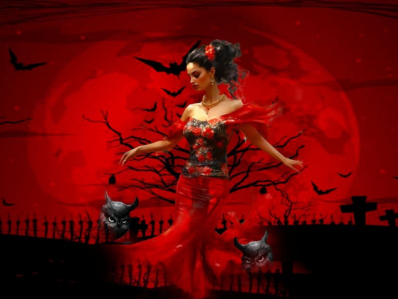 Halloween Flamenco, Halloween, girl, colorful, black, vibrant, dancer, dress, owls, flamenco, vivid, red, bright, bold, HD wallpaper