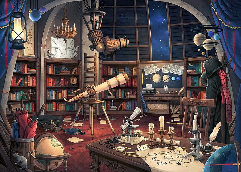 Astronomic Laboratory, globe, art, lamp, window, utensils, room, telescope, candles, books, HD wallpaper