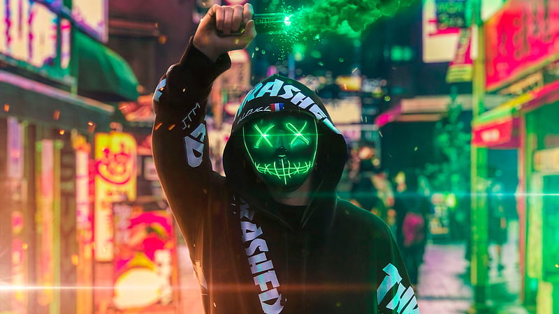 Neon Mask Guy With Green Smoke, artist, neon, mask, green, smoke, HD wallpaper