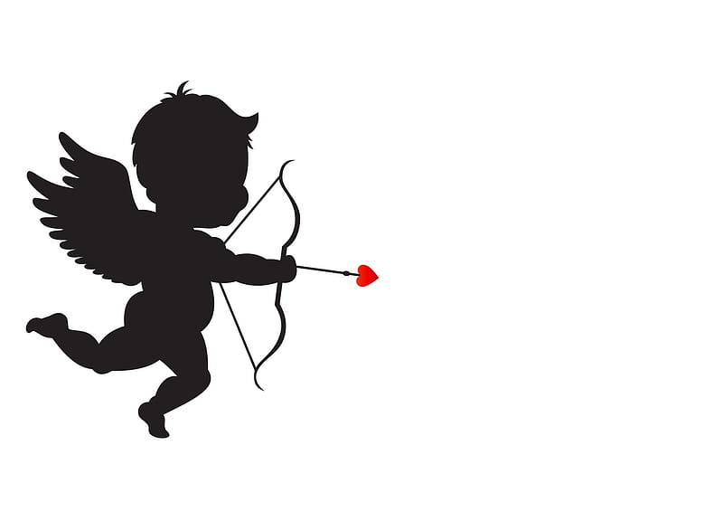 Cupid, angel, black, valentine, silhouette, arrow, card, cute, fantasy, heart, child, archer, white, HD wallpaper