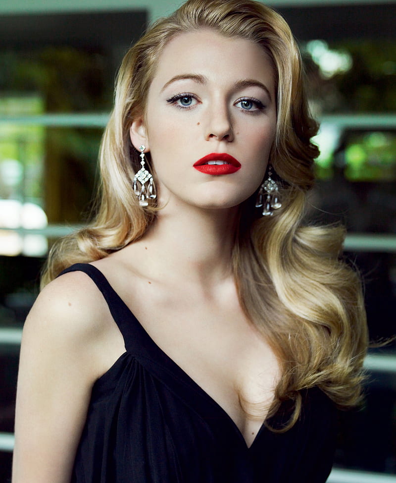 Blake women, blonde, red lipstick, women blue dress, earring, HD wallpaper | Peakpx