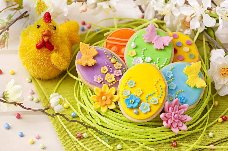 Easter Time, glaze, chicken, holiday, decoration, easter, spring, cookies, eggs, flowers, HD wallpaper